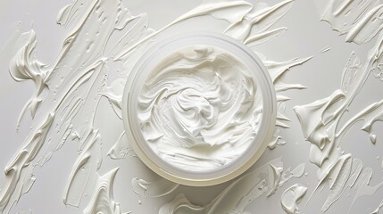 Top view of an open jar of luxurious white face cream with textures swirls and strokes on a white background