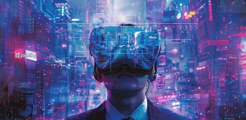 A man is wearing a virtual reality headset and looking at a city