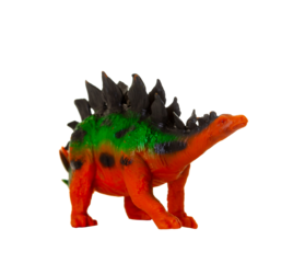 Realistic plastic model of a Stegosaurus dinosaur on white background.
