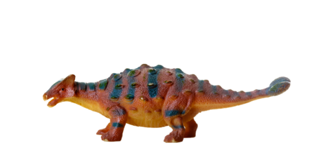 Detailed toy replica of a colorful ankylosaurus dinosaur isolated on a white background