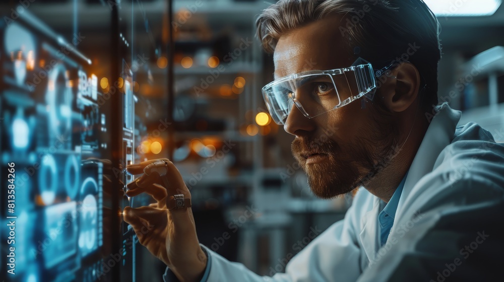 Leinwandbilder Handsome engineer working on his robot design. and it is turned off. The engineer changes some settings on the hologram screen. Generative AI.