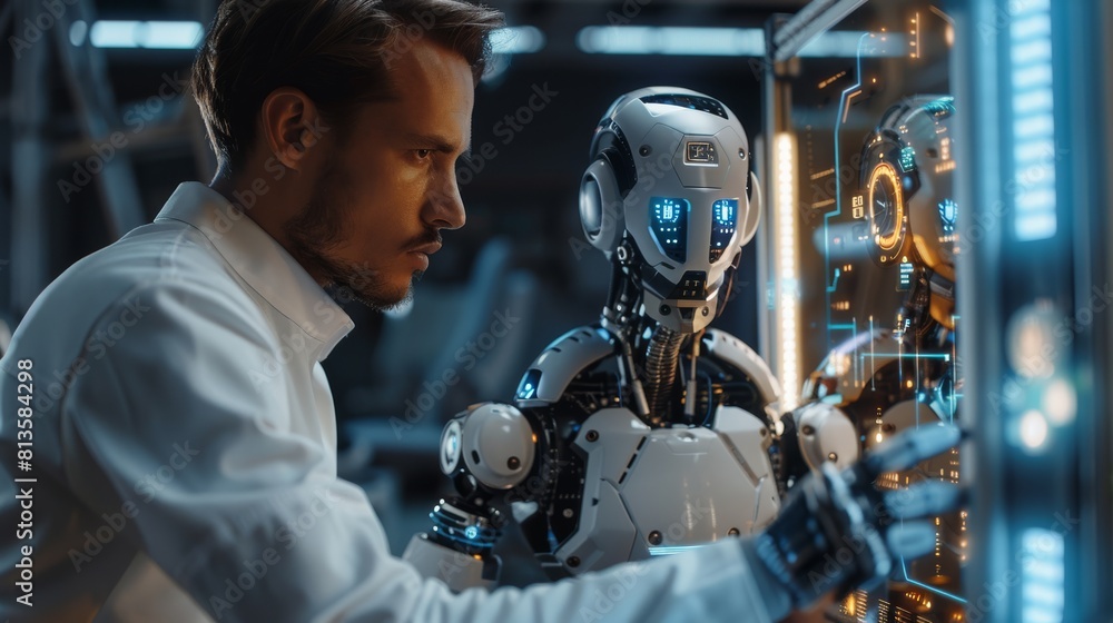 Leinwandbilder handsome engineer working on his robot design. and it is turned off. the engineer changes some setti