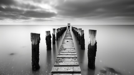 Black And White Landscape. Peaceful Scene of Ancient Pier on Beachwater Wooden Pier