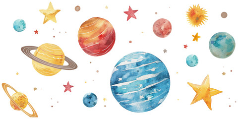 Watercolor vector planets and stars set on white background