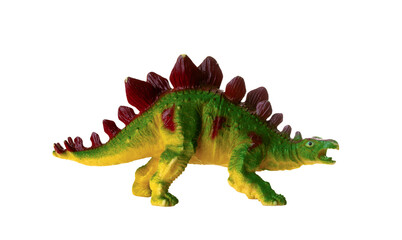 Realistic plastic model of a Stegosaurus dinosaur on white background.