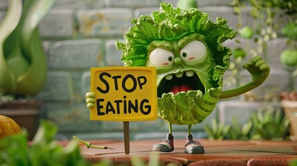 A humorous depiction of an animated lettuce character holding a Stop Eating sign, with an expressive face, in a garden setting