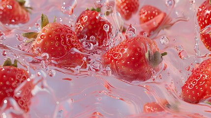 Fresh strawberries splashing into water with vibrant red hues and dynamic droplets frozen in motion