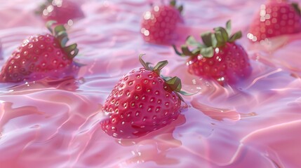 Fresh strawberries splashing into water with vibrant red hues and dynamic droplets frozen in motion