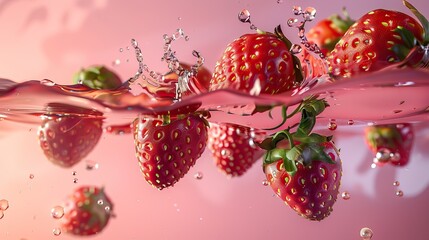 Fresh strawberries splashing into water with vibrant red hues and dynamic droplets frozen in motion