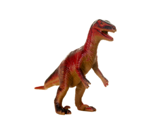 Detailed toy replica of a velociraptor dinosaur isolated on a white background