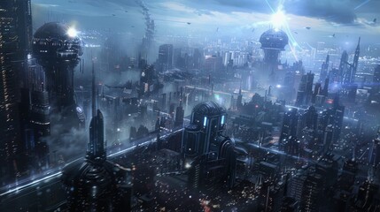 Science Fiction Art of an alien invasion in a large metropolis, with dramatic lighting and futuristic technology