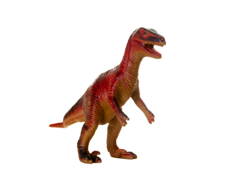 Detailed toy replica of a velociraptor dinosaur isolated on a white background