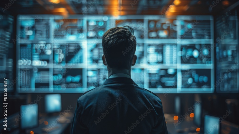 Poster A cyber security featuring a guard in an IT environment. Generative AI.