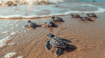 Baby turtles making their way to the sea at sunset, with warm golden light and sparkling water.