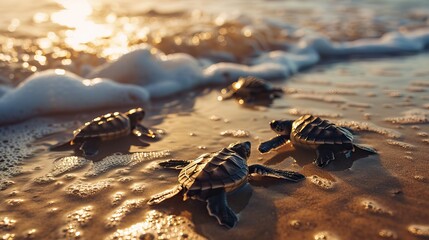 Baby turtles making their way to the sea at sunset, with warm golden light and sparkling water.