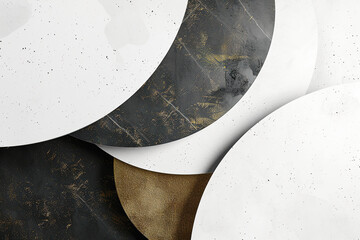 Minimalistic abstract background of white and black circular panels with gold speckles