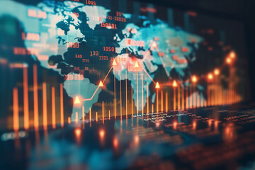 Financial chart with moving up arrow graph and world map