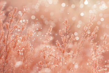 Natural background with plants in soft peach fuzz color with a gentle bokeh light