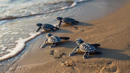 Baby turtles making their way to the sea at sunset, with warm golden light and sparkling water.