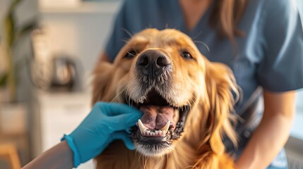 A veterinarian performing a dental check-up on a golden retriever dog, close up of teeth