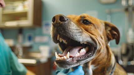 A veterinarian performing a dental check-up on a golden retriever dog, close up of teeth