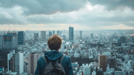 Traveler Admiring Panoramic Cityscape from High Vantage Point, Traveler, admiring, panoramic cityscape, high vantage point