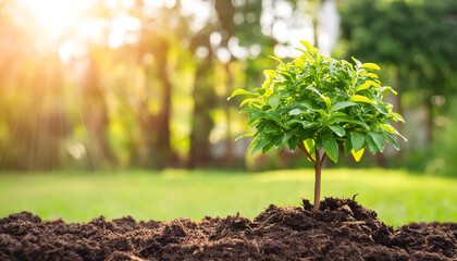 small tree growing with sunshine in garden