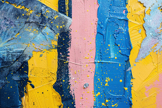 Textured abstract painting with splattered paint in bold colors