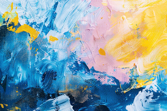 Blue and yellow abstract acrylic paint strokes on canvas