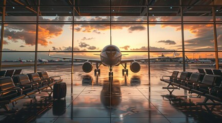 A large airplane is parked in front of a terminal with a view of the sunset