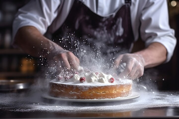 The chef is preparing a pie with berries, hands close-up. A man in the kitchen sprinkles powder on a dessert. A culinary master makes a fruit cake.