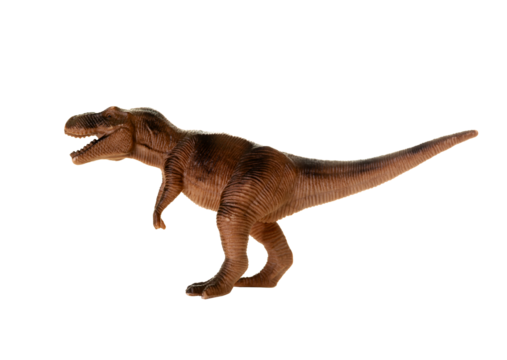 Detailed toy replica of a tyrannosaurus rex positioned on a seamless white background, suitable for educational content