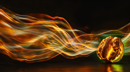 Glowing walnut illuminated by dynamic light trails on a black background. 