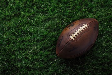 Brown American football ball on green artificial stadium turf background.