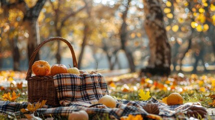 Cozy autumn picnic setup in a park with a basket, blanket, and seasonal snacks