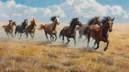 Wild horses running free across a golden field with a vintage textured overlay.