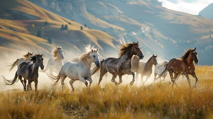 Obraz premium Wild horses running free across a golden field with a vintage textured overlay.