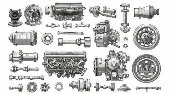 Engine components flat design top view part detail theme cartoon drawing black and white