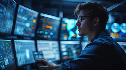 Monitoring center, male factory worker working with electronic screen, data detection, future scene style, dark blue. Generative AI.