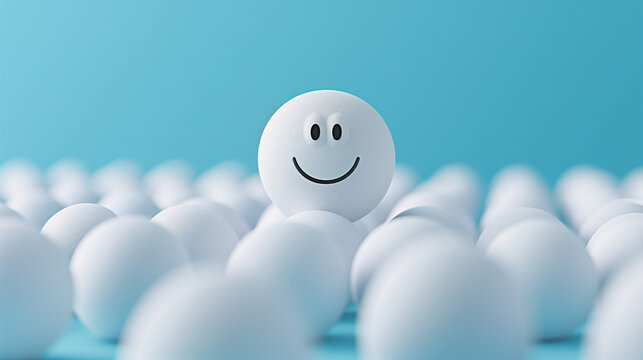 Stand out with a smile, unique and happy. Single ball with a smiling face standing out among a group of plain white balls on liht blue background. Happiness, positivity and individuality concept.