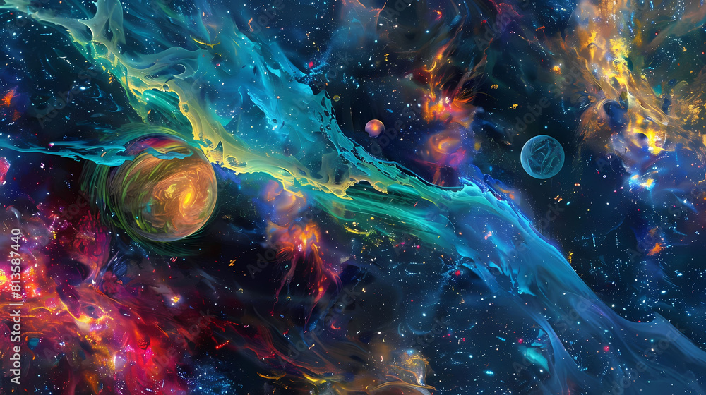 Poster abstract celestial ballet painting featuring a colorful array of shapes and sizes, including a trian