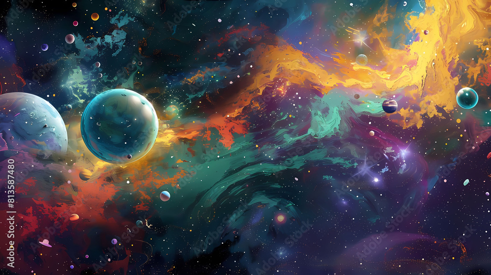 Poster abstract celestial ballet painting featuring a colorful array of objects including a vase, a chalice