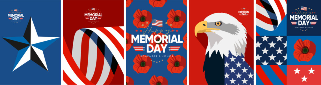 Happy Memorial Day. Vector modern flat illustration of USA objects, eagle, star, ribbon, American pattern, logo,  poppy and icons for poster, invitation, flyer, background or greeting card