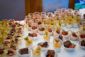 Selective focus shot of a dessert buffet on a table