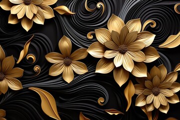 a black and gold wallpaper with flowers and gold leaves.