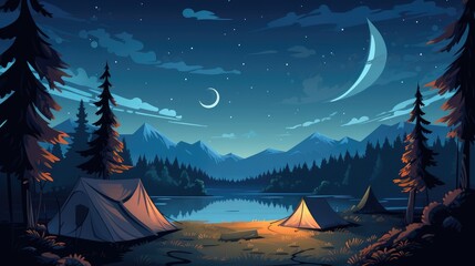 Camping under the stars cartoon illustration - Generative AI. Lake, night, pines, stars, tent.