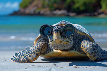 Turtle with binoculars in front of his eyes on a sandy beach. Generated by artificial intelligence