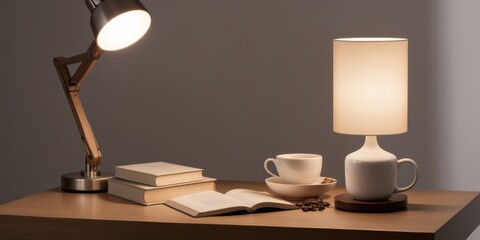 Modern workspace with lamp, book and coffee