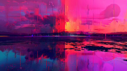 abstract cybernetic dreamscape featuring a serene body of water