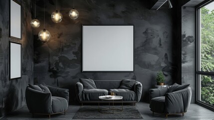 dark gray living room interior with armchairs and posters